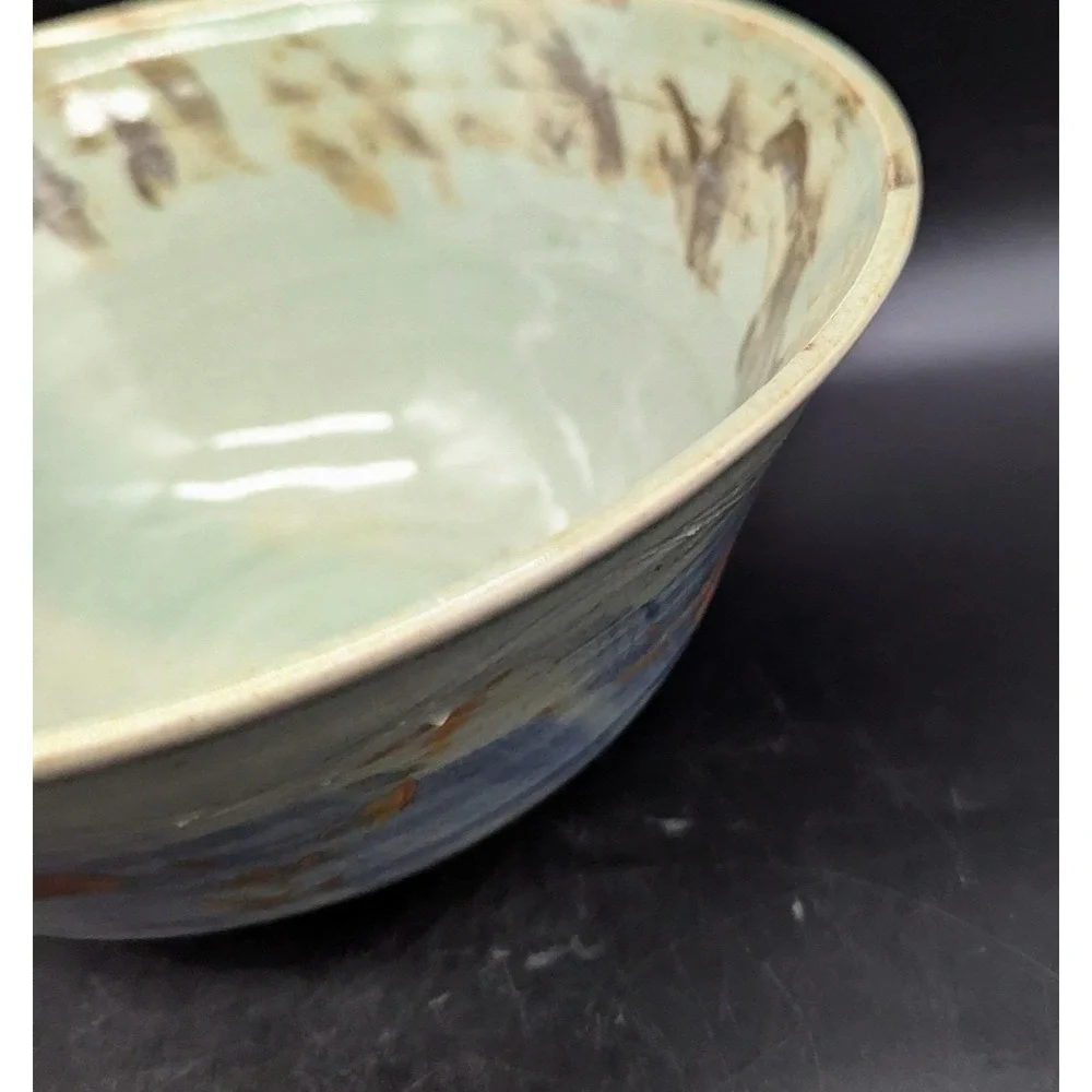 Vintage Studio Art Pottery Green Glaze Ceramic Console Fruit Bowl Signed 9.5